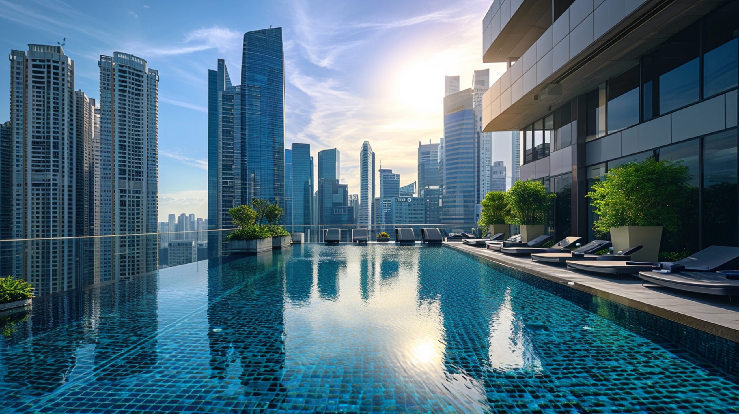 A rooftop pool in a bustling city setting, with skyscrapers towering in the background