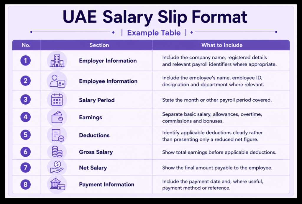 UAE Salary Slip Format Example Table Infographic Image